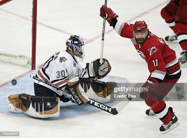 Justin Williams of the Carolina Hurricanes celebrates after Frantisek Kaberle scored a power play goal past goaltender Jussi Markkanen of the...