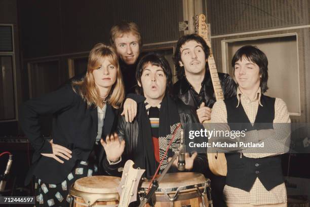 British rock group Wings pictured together at Abbey Road Studios to record the album, 'Venus And Mars', London, 15th November 1974. Left to right:...