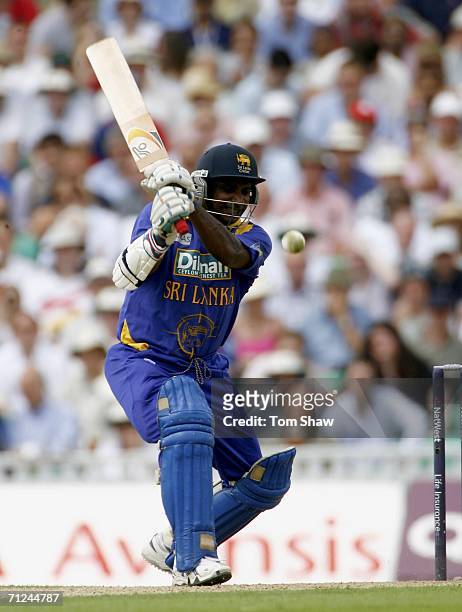Sanath Jayasuriya of Sri Lanka hits out during the NatWest One Day International match between England and Sri Lanka at the Oval on June 20, 2006 in...