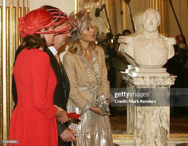 Princes Mathilde, Belgian Crown Prince Philippe and Princess Maxima pose for a photo at the Royal Palace during a 3-day visit on June 20, 2006 in...