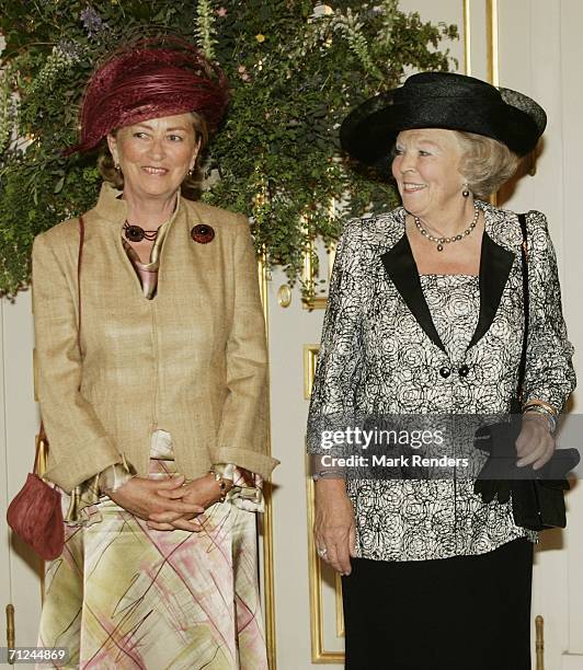 Belgian Queen Paola and Dutch Queen Beatrix pose for a photo at the Royal Palace during a 3-day visit by Queen Beatrix on June 20, 2006 in Belgium,...