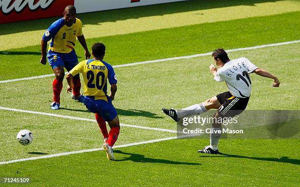 Miroslav Klose of Germany scores the opening goal during the FIFA World Cup Germany 2006 Group A match between Ecuador and Germany played at the...