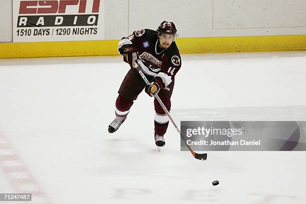 Tomas Fleischmann of the Hershey Bears moves the puck against the Milwaukee Admirals in game six of the Calder Cup Finals on June 15, 2006 at the...