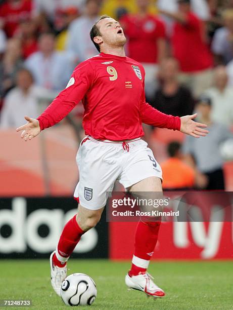 Wayne Rooney of England gestures during the FIFA World Cup Germany 2006 Group B match between Sweden and England at the Stadium Cologne on June 20,...