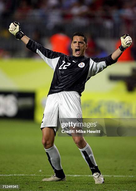 Goalkeeper Aldo Bobadilla of Paraguay celebrates, after teammate Nelson Cuevas, scores their team's second goal during the FIFA World Cup Germany...