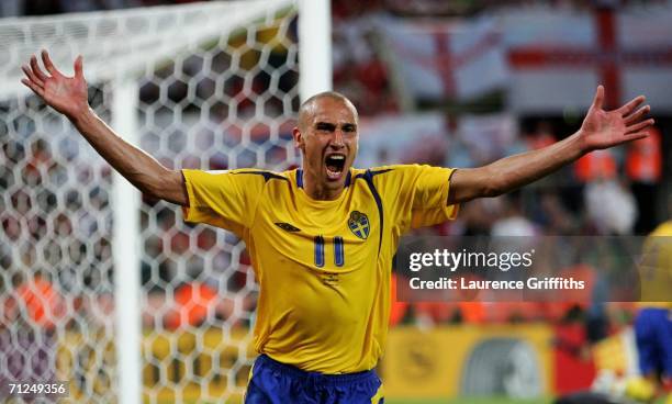 Henrik Larsson of Sweden celebrates scoring his teams second goal during the FIFA World Cup Germany 2006 Group B match between Sweden and England at...