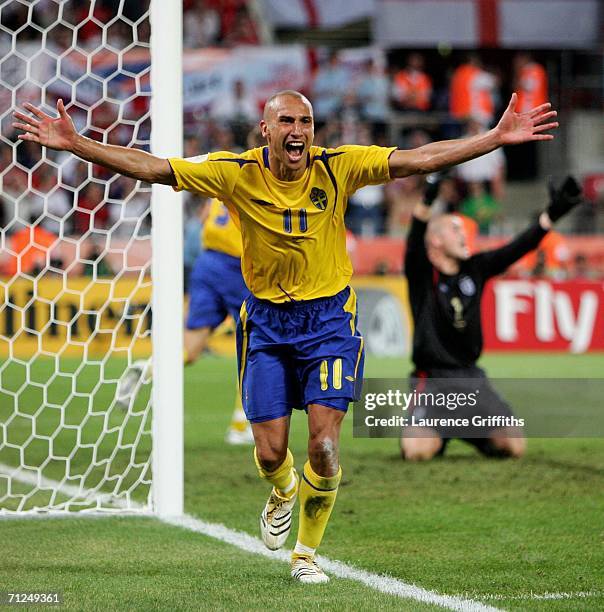 Henrik Larsson of Sweden celebrates scoring his teams second goal during the FIFA World Cup Germany 2006 Group B match between Sweden and England at...