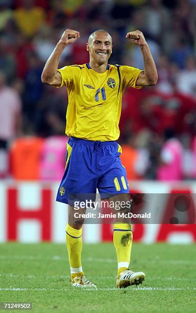 Henrik Larsson of Sweden celebrates at the end of the match in the FIFA World Cup Germany 2006 Group B match between Sweden and England at the...
