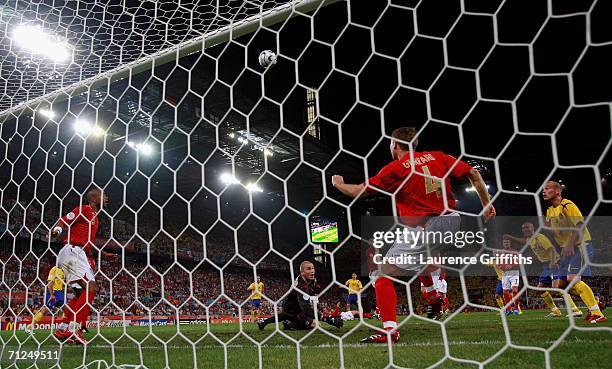 Steven Gerrard of England clears the ball off the line during the FIFA World Cup Germany 2006 Group B match between Sweden and England at the Stadium...