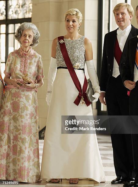 Queen Fabiola, Princess Maxima, Prince Alexander pose for a photo at Laken Castle before the gala dinneras part of the three-day during visit of...