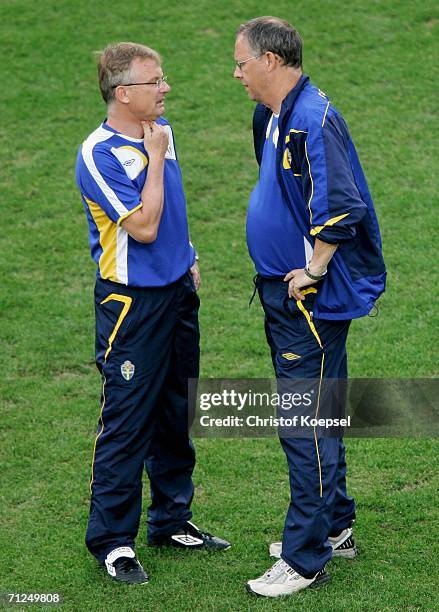 Sweden coach Lars Lagerback has a chat after the FIFA World Cup Germany 2006 Group B match between Sweden and England at the Stadium Cologne on June...