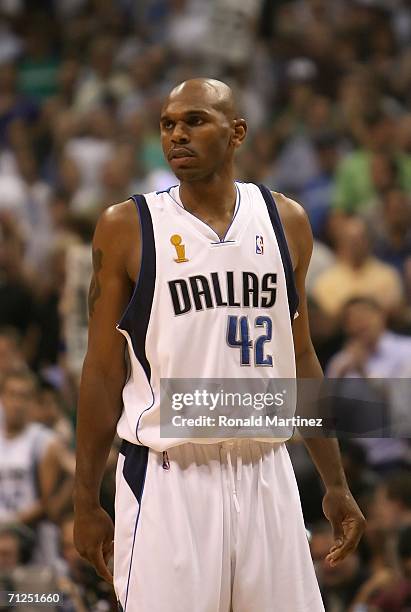 Jerry Stackhouse of the Dallas Mavericks enters the game in the first quarter after serving a game suspension against the Miami Heat in game six of...