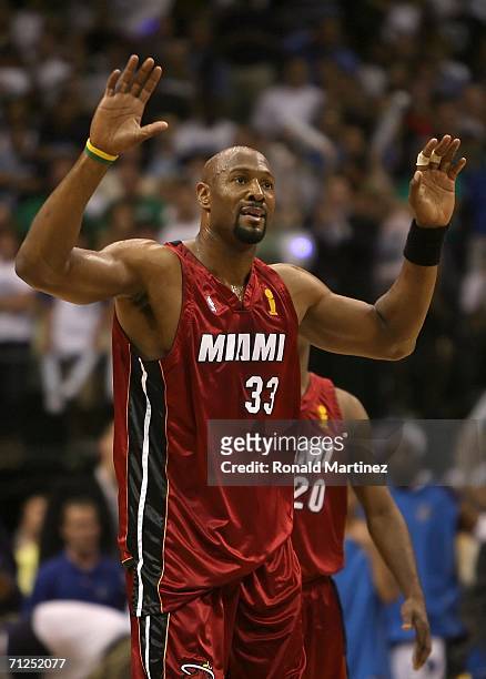 Alonzo Mourning of the Miami Heat reacts after a basket in the second half against the Dallas Mavericks in game six of the 2006 NBA Finals on June...