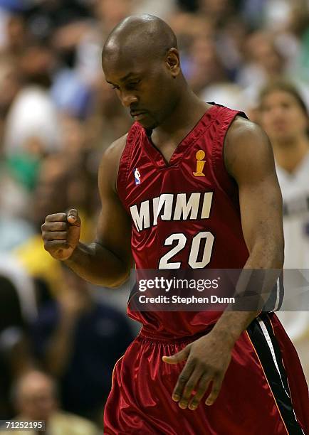 Gary Payton of the Miami Heat reacts after the Dallas Mavericks turned the ball over late in the fourth quarter of game six of the 2006 NBA Finals on...