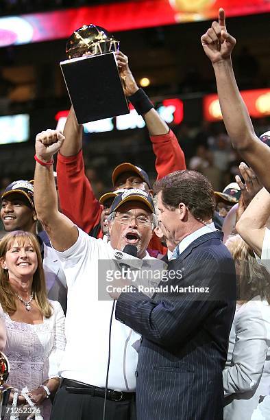 Owner Mickey Arison of the Miami Heat celebrates after the Heat defeated the Dallas Mavericks in game six of the 2006 NBA Finals on June 20, 2006 at...