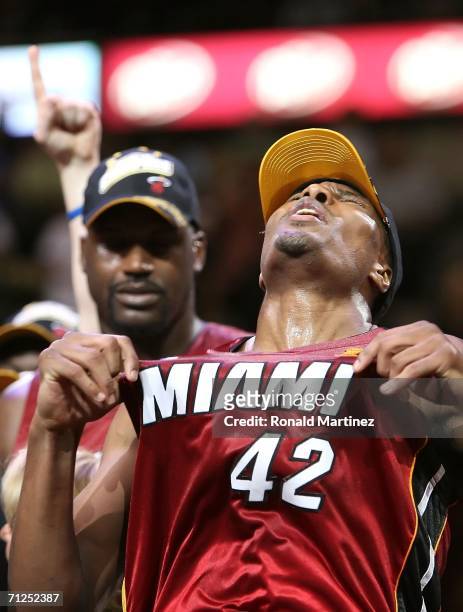James Posey of the Miami Heat celebrates after the Heat defeated the Dallas Mavericks in game six of the 2006 NBA Finals on June 20, 2006 at American...