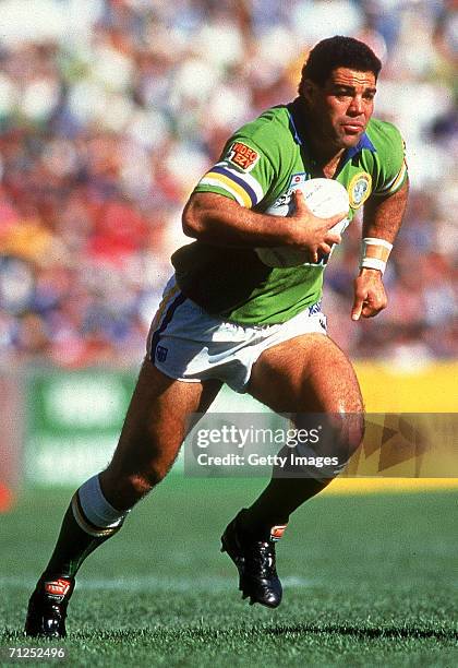 Mal Meninga of the Raiders runs with the ball during the 1994 ARL Grand Final between the Canberra Raiders and the Canterbury Bulldogs at the Sydney...