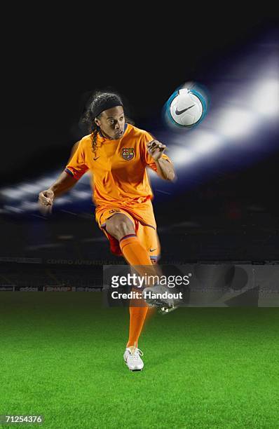 In this photo-montage handout image provided by Nike, Ronaldinho of FC Barcelona reveals the new away kit for the 2005/06 season on June 21, 2006 in...