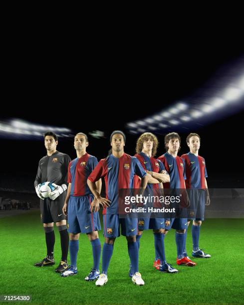 In this photo-montage handout image provided by Nike, Victor Valdes, Rafael Marquez, Ronaldinho, Carles Puyol, Lionel Messi and Andres Iniesta of FC...