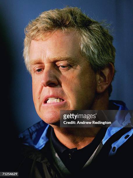 Colin Montgomerie of Scotland talks to the media prior to playing in the Pro Am for The Johnnie Walker Championship on The PGA Centenary Course at...