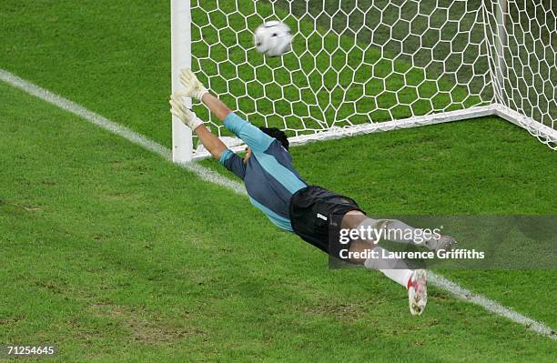 Oswaldo Sanchez of Mexico can not stop Sabrosa Simao of Portugal scoring the second goal of the game from the penalty spot during the FIFA World Cup...