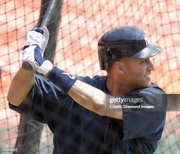 Shortstop Derek Jeter, of the New York Yankees, in the batting cage prior to a game on June 18, 2006 against the Washington Nationals at RFK Stadium...