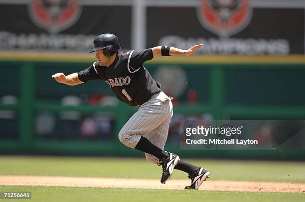 Jamey Carroll of the Colorado Rockies trys to steal second base during a baseball game against the Washington Nationals on June 15, 2006 at RFK...