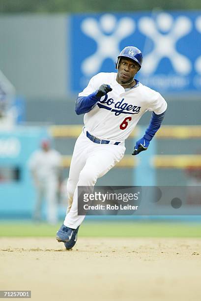 May 21: Kenny Lofton of the Los Angeles Dodgers runs during the game against the Los Angeles Angels of Anaheim at Dodger Stadium in Los Angeles,...