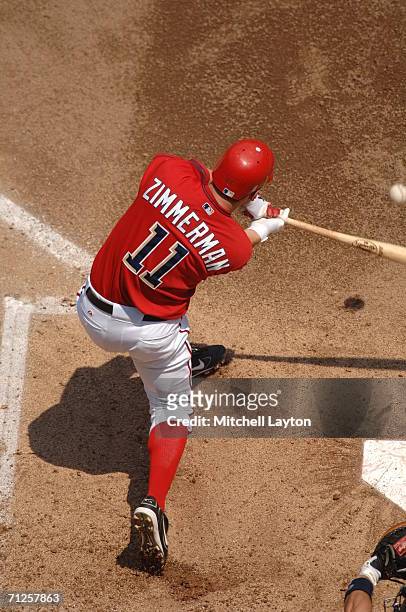 Ryan Zimmerman of the Washington Nationals takes a swing during a baseball game against the New York Yankees on June 17, 2006 at RFK Stadium in...