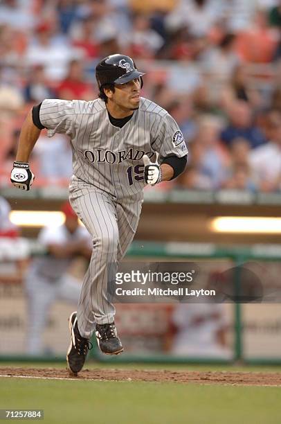 Ryan Spilborghs of the Colorado Rockies runs to first base during a baseball game against the Washington Nationals on June 13, 2006 at RFK Stadium in...