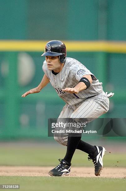 Jamey Carroll of the Colorado Rockies leads off first base during a baseball game against the Washington Nationals on June 12, 2006 at RFK Stadium in...