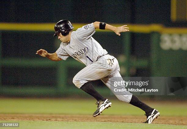 Jamey Carroll of the Colorado Rockies runs to second base during a baseball game against the Washington Nationals on June 12, 2006 at RFK Stadium in...