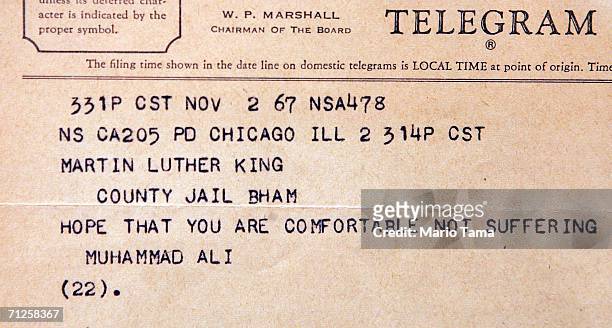 Telegram to a jailed Dr. Martin Luther King Jr. From boxer Muhammad Ali is displayed at Sotheby's, which will offer the King archive at auction, June...