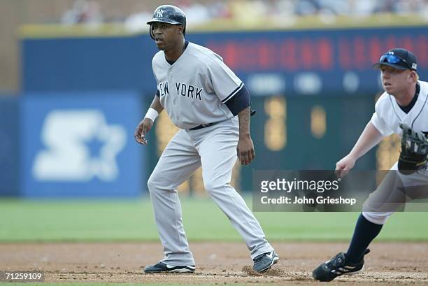 Terrence Long of the New York Yankees takes a lead from first base during the game against the Detroit Tigers at Comerica Park in Detroit, Michigan...