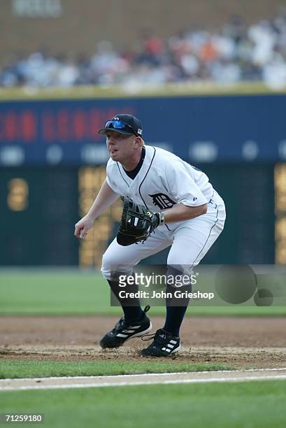 Chris Shelton of the Detroit Tigers plays defense during the game against the New York Yankees at Comerica Park in Detroit, Michigan on May 29, 2006....