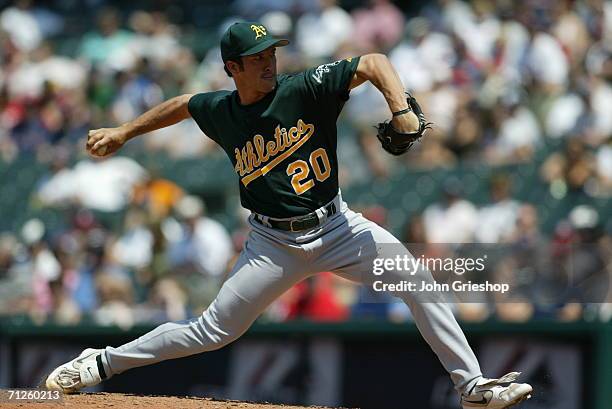 Huston Street of the Oakland Athletics pitches during the game against the Cleveland Indians at Jacobs Field in Cleveland, Ohio on June 8, 2006. The...