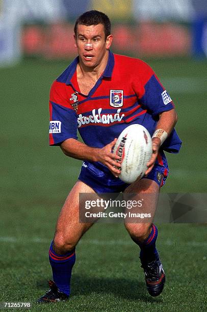 Matthew Johns of the Knights in action during a ARL match between the Newcastle Knights and the Auckland Warriors at Marathon Stadium 1996, in...