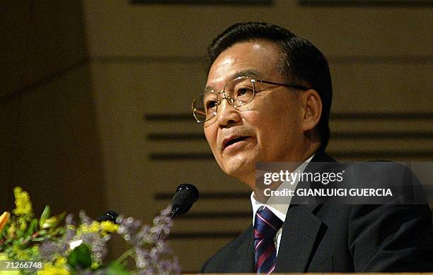 Cape Town, SOUTH AFRICA: Chinese premier Wen Jiabao speaks, 22 June 2006, at the China-South Africa business cooperation forum, in the Cape Town...