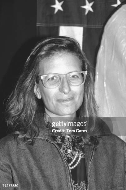 American photographer Annie Leibovitz smiles as she appears at the 'Art AID' auction held at the Hard Rock Cafe, New York, New York, March 1986....