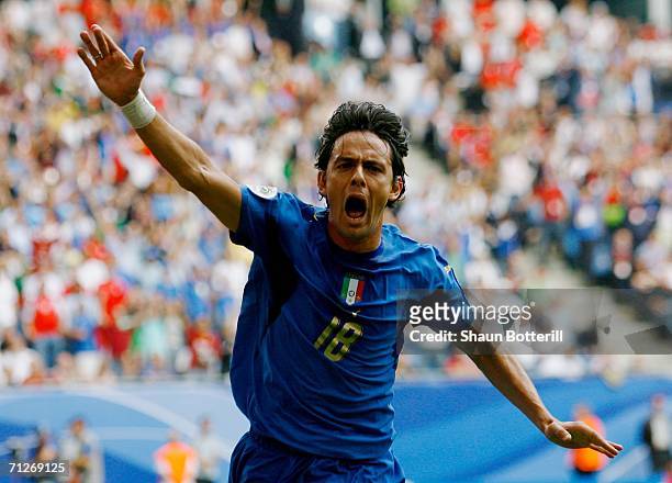 Filippo Inzaghi of Italy celebrates scoring his team's second goal during the FIFA World Cup Germany 2006 Group E match between Czech Republic and...
