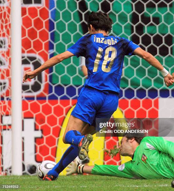 Italian forward Filippo Inzaghi kicks to score the second goal for his team despite Czech goalkeeper Petr Cech during the World Cup 2006 group E...