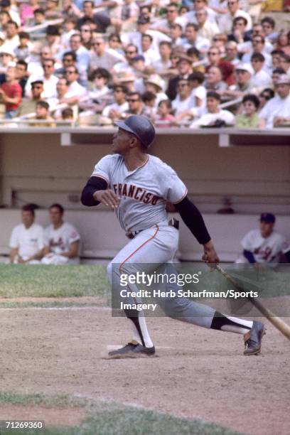 Willie Mays of the San Francisco Giants bats against the New York Mets at Shea Stadium during a June 15, 1968 regular season game in Flushing, New...
