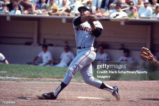 Willie Mays of the San Francisco Giants bats against the New York Mets at Shea Stadium during a June 15, 1968 regular season game in Flushing, New...