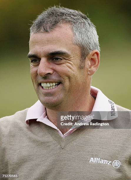 Paul McGinley of Ireland smiles on the 18th hole during the first round of The Johnnie Walker Championship on The PGA Centenary Course at Gleneagles...