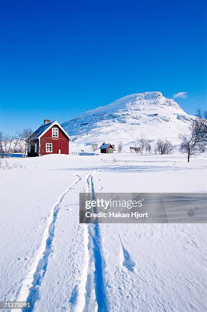 imprints in snow, red house and hill in background. - sverige vinter bildbanksfoton och bilder