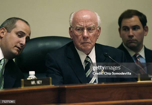 Chairman of the House Administration Committee Vernon Ehlers listens to testimony on Capitol Hill June 22, 2006 in Washington, DC. Hyde was...
