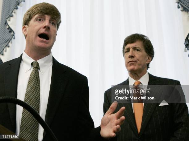 Rep. Patrick Kennedy speaks while U.S. Rep. Jim Ramstad , his sponsor in Alcoholics Anonymous, listens during a briefing on drug abuse, June 22, 2006...