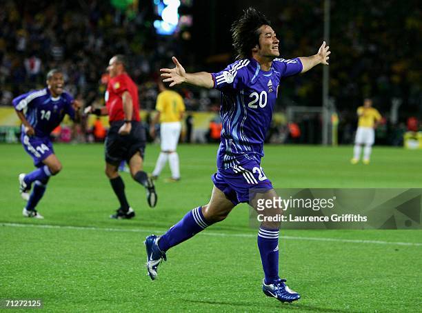 Keiji Tamada of Japan celebrates scoring a goal during the FIFA World Cup Germany 2006 Group F match between Japan and Brazil at the Stadium Dortmund...