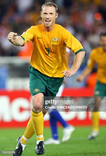 Australian defender Craig Moore jubilates after scoring a penalty during the World Cup 2006 group F football match Croatia vs Australia, 22 June 2006...