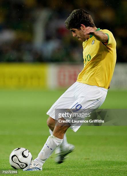Juninho Pernambucano of Brazil scores a goal during the FIFA World Cup Germany 2006 Group F match between Japan and Brazil at the Stadium Dortmund on...